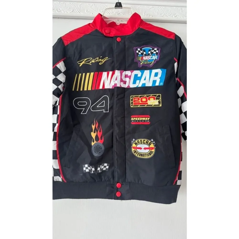 NASCAR Racing Boys 10/12 Black Red #94 Bomber Jacket Checkered Race Car